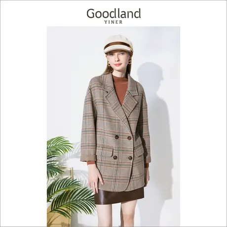 代退-音儿美地女装2022冬季新款时尚格纹西装领羊毛呢大衣外套图片