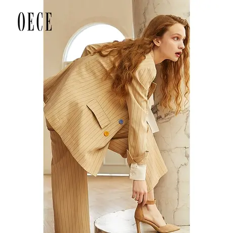 【买1送1】Oece春装新款气质英伦细条纹帅气高腰阔腿西装长裤商品大图