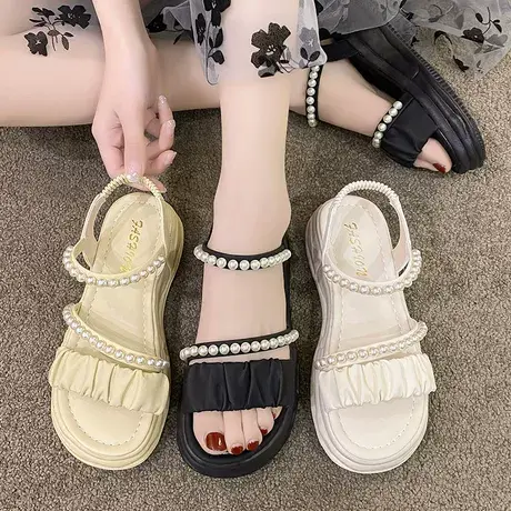 凉鞋女款2023年夏季新款时尚厚底仙女风罗马鞋子珍珠外穿软底凉鞋商品大图