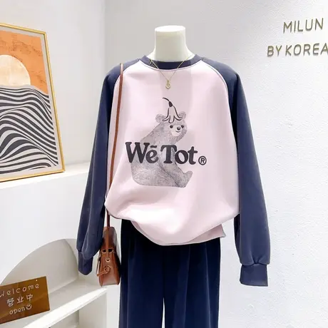 韩国东大门秋冬款卫衣~ins奶甜系软糯拼色摇粒绒上衣宽松胖MM大码商品大图