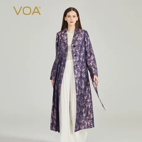 VOA桑蚕丝色织提花紫色森林平驳领长袖三粒扣不对称褶皱真丝风衣商品大图
