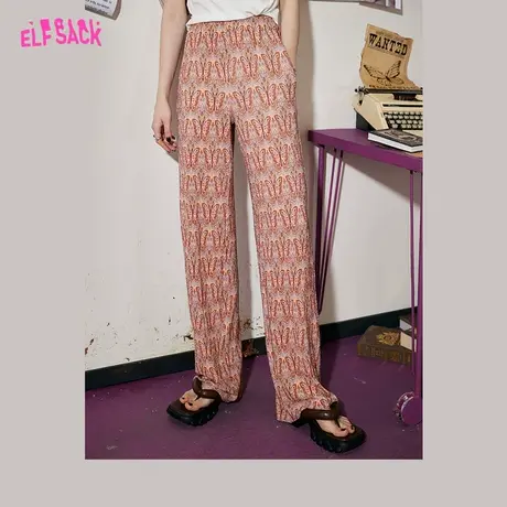 妖精的口袋满印垂感休闲阔腿裤女2023秋新款高腰直筒运动拖地裤商品大图