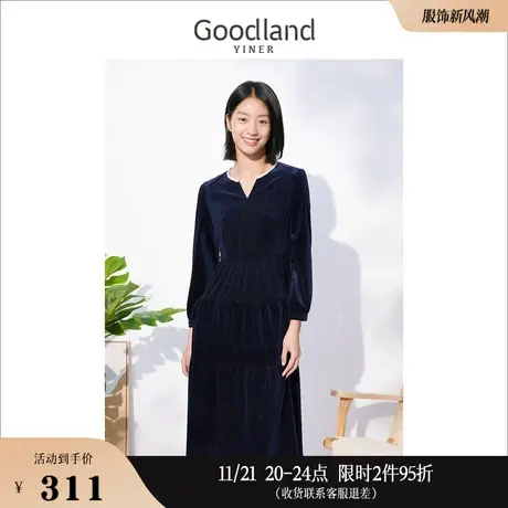 Goodland美地女装秋季亮丝v领长袖收腰金丝绒连衣裙图片