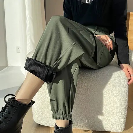 美式军绿色加绒工装裤女冬季宽松高腰显瘦休闲登山阔腿束脚运动裤商品大图