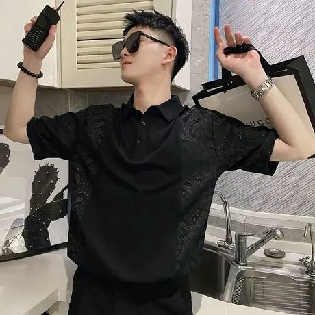 夏季短袖T恤polo衫花色图案拼接设计新款潮男发型师个性痞帅半袖商品大图