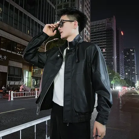春季夹克男装韩版潮牌ins帅气百搭机车纯色皮衣网红痞帅工装外套商品大图