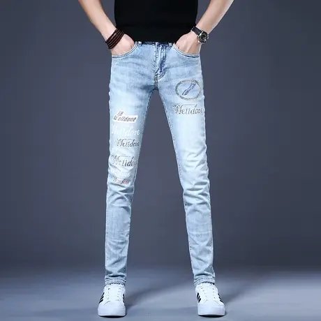 2023年新款男士烫钻牛仔裤男秋冬男款潮牌修身小脚裤子男韩版休闲图片