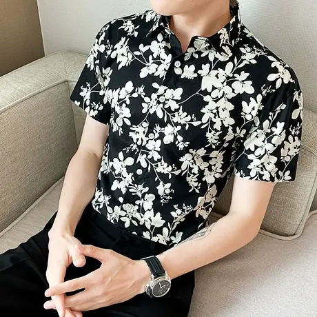 夏季印花短袖衬衫男士纯棉帅气休闲薄款半袖衬衣夏威夷时尚寸衫潮图片