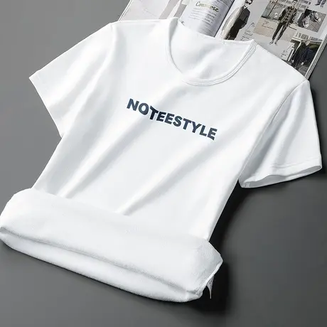 白色t恤男士短袖加绒加厚圆领体恤上衣服秋冬保暖半袖内搭打底衫图片