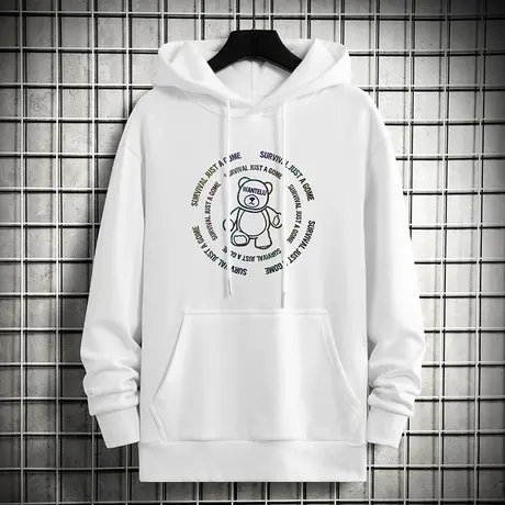 连帽卫衣男2024新款秋冬加绒加厚宽松潮流长袖带帽衫小熊白色外套商品大图