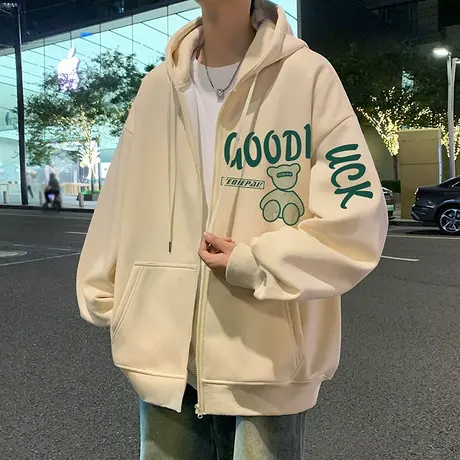 潮牌连帽卫衣外套男春秋季2024新款小熊休闲情侣拉链开衫美式宽松商品大图