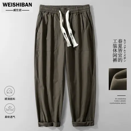 夏季新款纯棉水洗工装裤日系松紧腰宽松九分男裤男高街直筒休闲裤商品大图