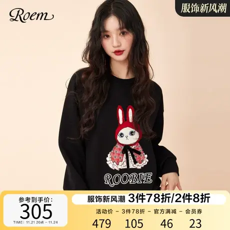 Roem甜美roobie猫咪刺绣圆领卫衣2023年春新款商场同款宽松上衣女图片