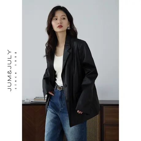 嘉茱莉2023冬季新款黑色夹克皮衣外套女机车皮衣宽松小个子皮上衣商品大图