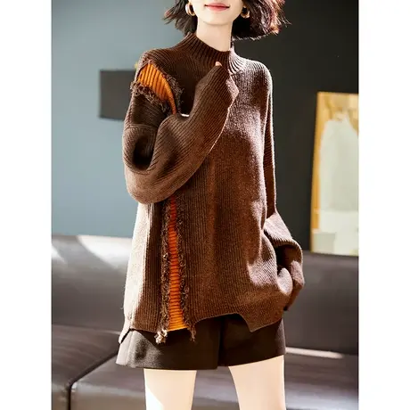 宝诗黎圆领拼接设计感长袖针织衫2024春季新款宽松套头慵懒毛衣女商品大图