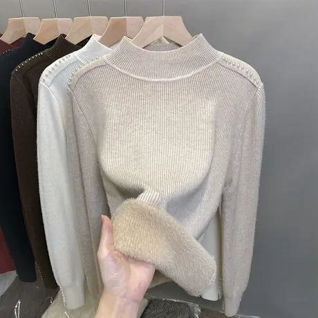 加绒半高领毛衣女一体绒打底衫2023秋冬新款钉珠针织衫内搭厚上衣商品大图