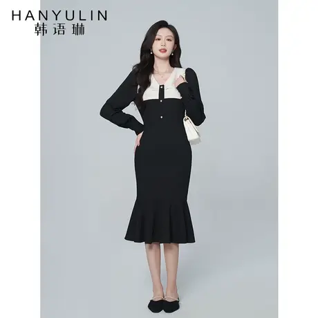 韩语琳黑色长袖连衣裙女春秋2023新款法式气质修身高级感鱼尾裙子图片