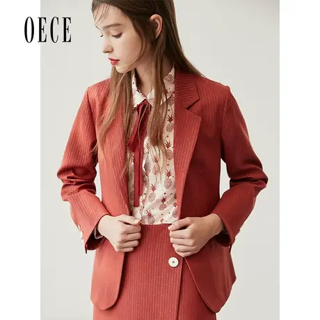 Oece春装新款洋气英伦风个性复古翻领修身小西装外套商品大图