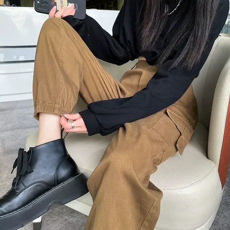 卡其色大口袋工装裤子女宽松束脚春秋2023高腰直筒显瘦休闲运动裤商品大图