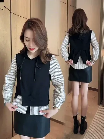 条纹拼接假两件连帽长袖卫衣女士春秋装2023年新款设计感小众上衣图片