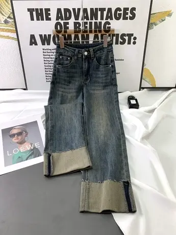 韩版水洗卷边牛仔直筒裤女2023秋季新款显瘦百搭高腰弹力修身长裤商品大图