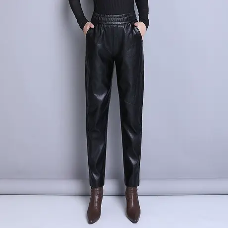 时尚九分PU皮裤子女秋冬2023新款松紧腰显瘦小脚裤休闲哈伦裤长裤商品大图