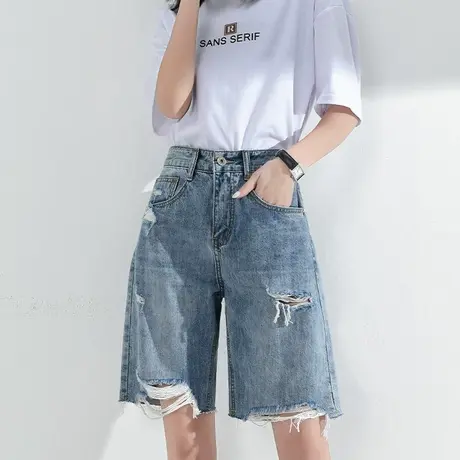 破洞牛仔短裤女夏季2023新款高腰显瘦阔腿中裤宽松直筒港味五分裤商品大图