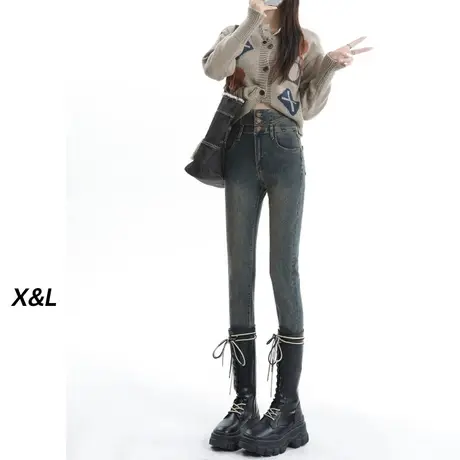 水泥灰高腰小脚牛仔裤女秋冬季2023新款显瘦弹力紧身显高铅笔裤子商品大图