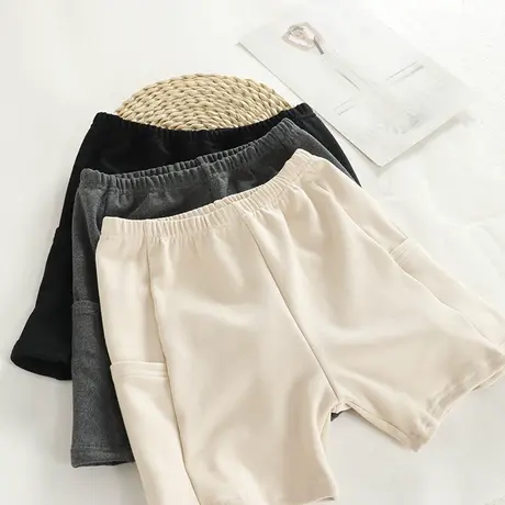 女新春秋棉打底裤纯色棉磨毛三分口袋安全裤高腰弹力双侧袋有大码图片