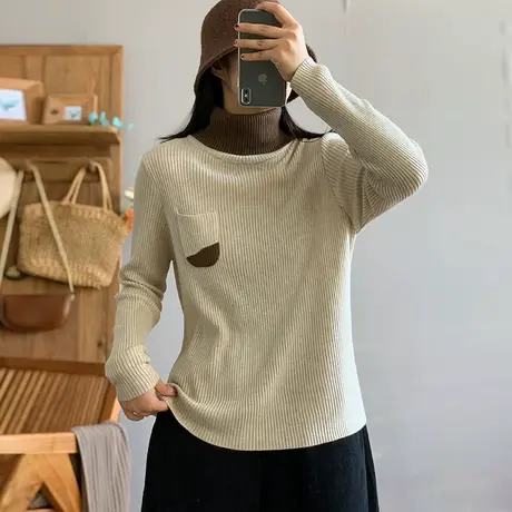 dza 复古拼接撞色双层高领打底针织衫女秋冬洋气上衣内搭休闲毛衣商品大图