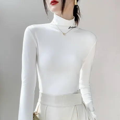 高领打底衫女2023秋冬新品磨毛修身西装内搭领口字母刺绣长袖T恤图片