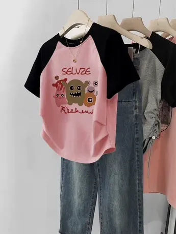 美式复古短款上衣女夏日多巴胺2023插肩袖短袖ins潮牌正肩修身t恤图片