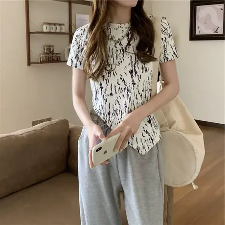 夏季2024年新款设计感小众短款别致不规则薄款短袖T恤女扎染上衣图片