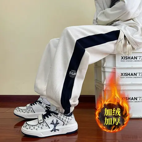 加绒加厚束脚卫裤男秋冬季美式宽松休闲裤子潮牌潮流青少年运动裤商品大图