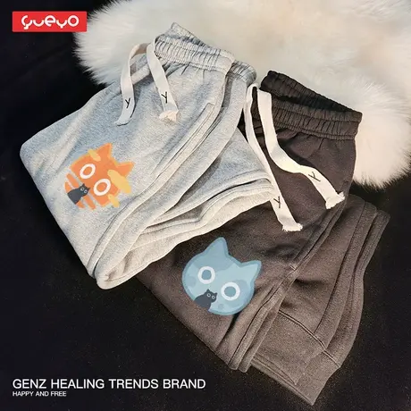 悦游 Moom&Sun黑猫 加绒长裤男冬季猫咪宽松束脚加绒休闲裤商品大图