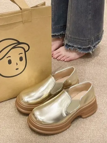 2023春秋新款一脚蹬厚底金色乐福鞋女休闲坡跟松糕底圆头懒人单鞋商品大图