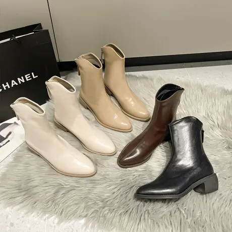 马丁靴女2024新款尖头v口西部牛仔靴粗跟白色短靴春秋瘦瘦单靴子商品大图