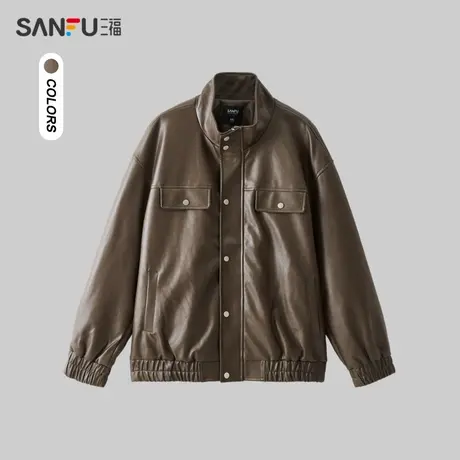 三福2023冬男士保暖加绒PU皮夹克 潮流双袋装饰立领外套479538商品大图