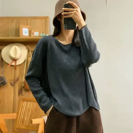 dza 复古下摆不规则纯色圆领套头毛衣女秋冬内搭上衣针织衫打底衫商品大图