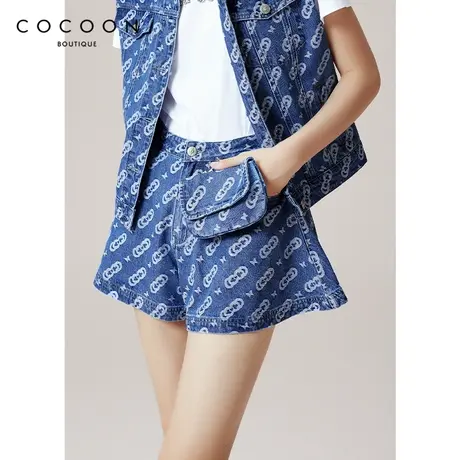 COCOON商场同款时尚裤子2023春新女品牌logo提花高腰显瘦牛仔短裤商品大图