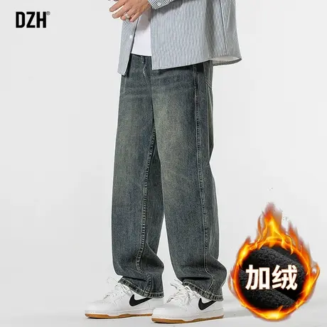 男士蓝色加绒牛仔裤男宽松直筒休闲裤子男款美式冬季加厚2023新款商品大图