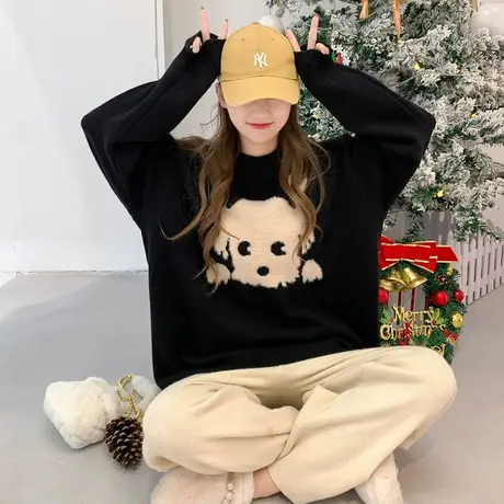 othermix温柔甜美卡通毛衣女2024秋冬宽松圆领套头针织衫上衣外套图片