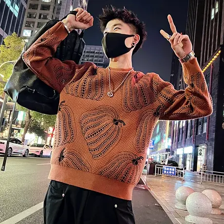 毛衣男秋冬2023新款ins个性南瓜提花设计感潮牌加厚针织打底线衣图片