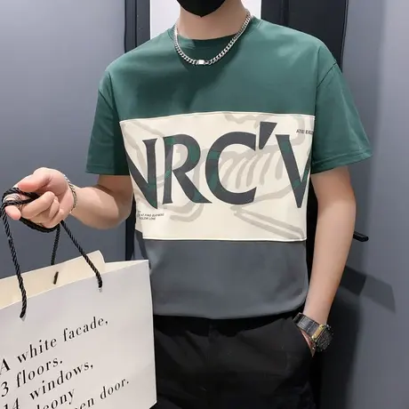 夏季T恤休闲男短袖ins潮牌拼色设计个性半袖2023新款男装上衣体恤商品大图