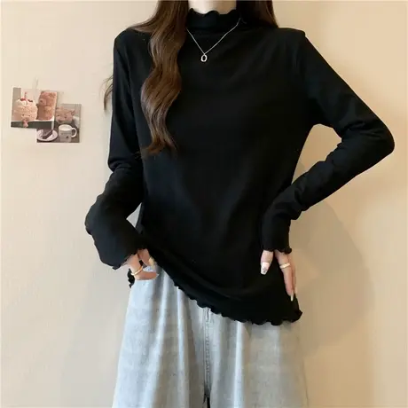 木耳边半高领长袖T恤女冬季德绒加绒加厚保暖大衣内搭打底衫上衣商品大图