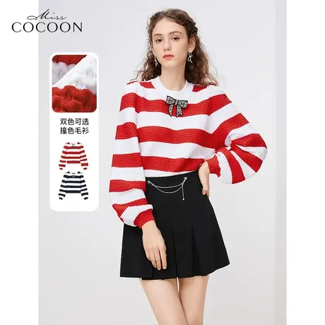 missCOCOON法式蝴蝶结针织衫女2023新款秋季时尚宽松红色条纹毛衣图片