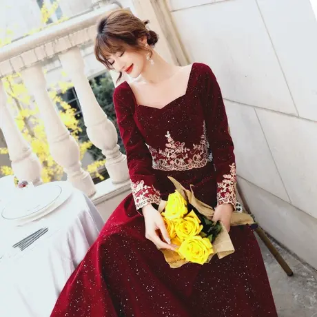 敬酒服冬季新娘气质长袖丝绒酒红色高贵名媛年会宴会晚礼服长款女商品大图