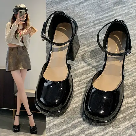复古玛丽珍鞋女2024春季新款法式方头漆皮一字扣带粗跟单鞋高跟鞋图片