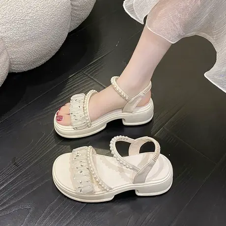 凉鞋女夏2024新款小香风厚底时尚罗马沙滩休闲鞋珍珠一字带配裙子商品大图