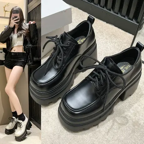 黑色小皮鞋女2024新款英伦风单鞋女鞋春季法式粗跟防水台高跟鞋子图片